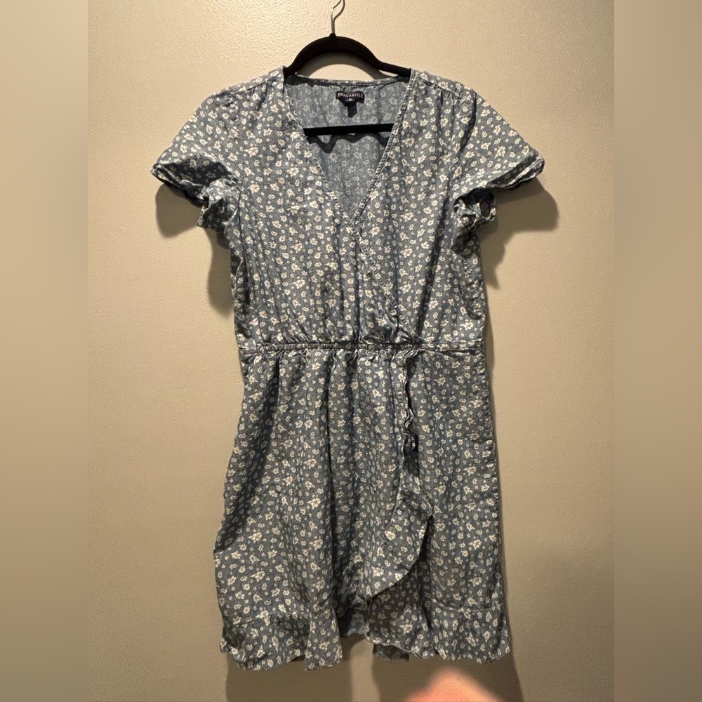 J.Crew Mercantile Blue Floral Faux-Wrap 100% Cotton Dress, Size M